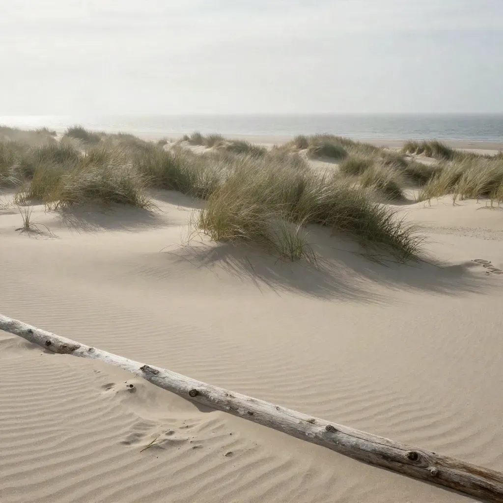 Windige Dünenkante an der Ostsee mit Gras und Nebel, viel ruhige Fläche unten